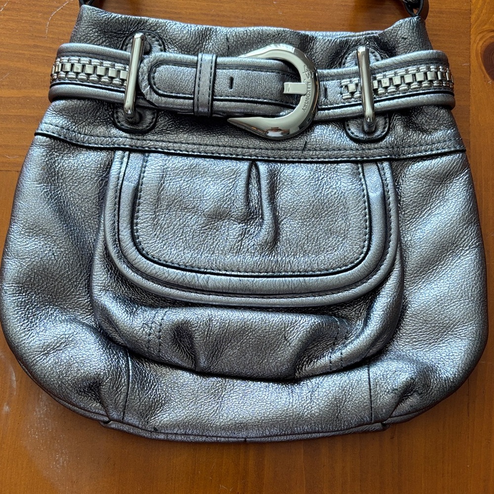 B.Makowsky Metallic Silver Pewter Leather Crossbody Women's Bag Buckle Detail